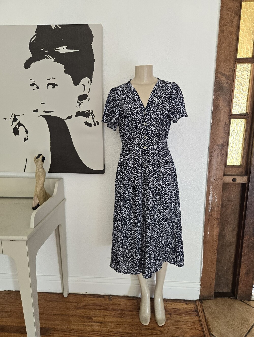 NWT Roylamp Womens Navy Floral Button-Front Midi Dress Size Medium